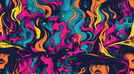 Mesmerizing Witchcraft Amidst Vibrant Graffiti Textured Backdrop in Seamless Pattern