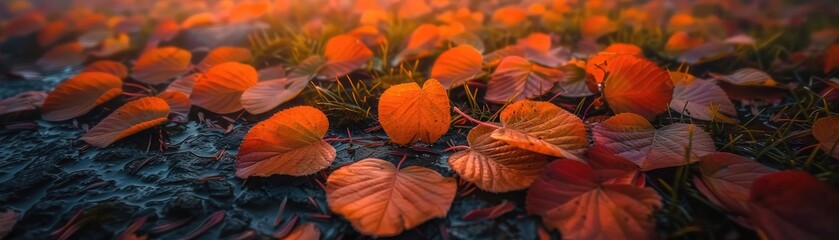 Close-up of vibrant orange and red autumn leaves on the ground, capturing the essence of fall with natural colors and textures in the morning light.