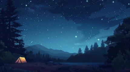 Fototapeta premium serene night landscape of a camping ground illuminated by starry sky concept illustration