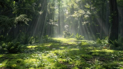 Obraz premium Spectacular morning sun light rays in the forest. Green forest during a beautiful summer warm day