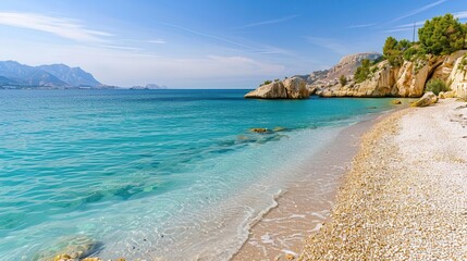Obraz premium serene turquoise waters and white pebble beach of raco de albir in alicante spain