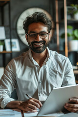 Mid-age Indian businessman smiling using tablet in office
