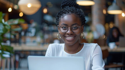 Confident woman smiling while focused on laptop in modern office setting.