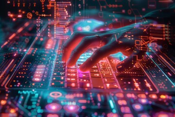Fototapeta premium Close-up of hands typing on futuristic, glowing holographic keyboard, representing advanced technology and innovation.