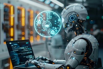 Fototapeta premium Advanced AI robot with illuminated digital face analyzing data on touchscreen in high-tech laboratory.