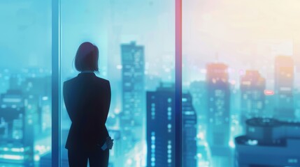 Obraz premium Successful businesswoman gazing at the city skyline from a high-rise office window