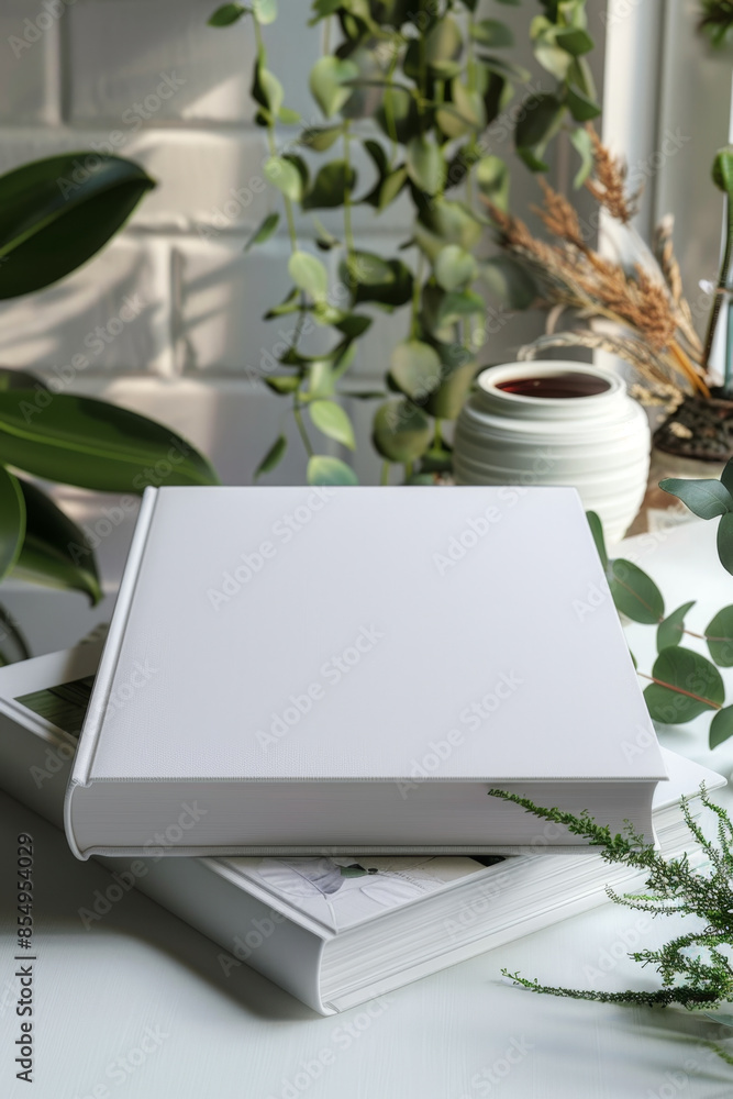 Poster elegant 3d rendering of a blank white book on a white table