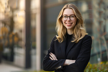 Confident Young Businesswoman Smiling Outdoors with Arms Crossed - Professional Female Entrepreneur, looking at camera, Generative AI