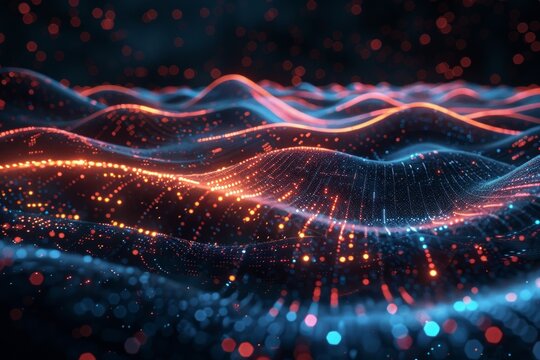 Vibrant abstract digital waveform background with dynamic glowing particles and waves in motion for technology themes.