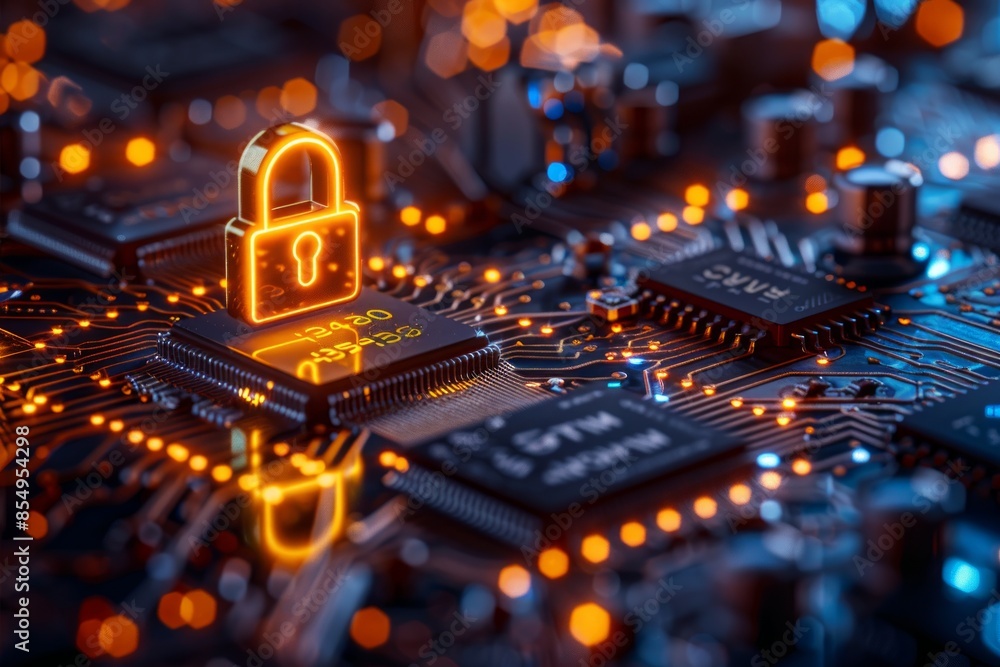 Poster glowing padlock on a digital circuit board to represent advanced cybersecurity