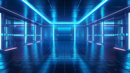Fototapeta premium Futuristic room with a dark grid floor and ambient blue lighting
