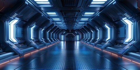 Fototapeta premium Futuristic empty space with a dark, metallic floor and blue lighting