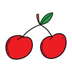 Hand drawn cartoon cherry with green leaf on white background.