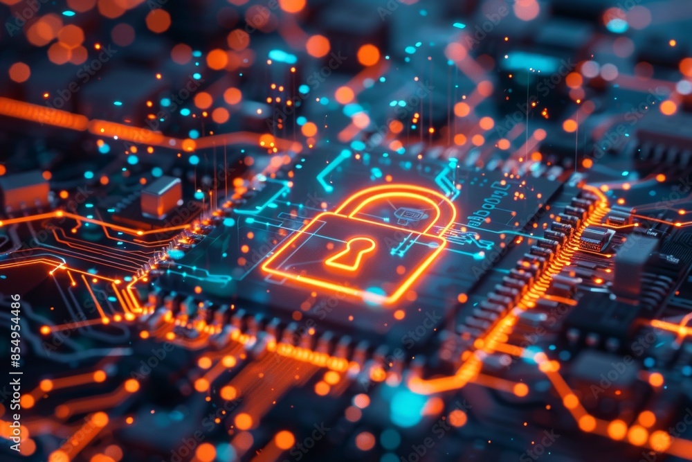Poster glowing padlock on a digital circuit board to represent advanced cybersecurity