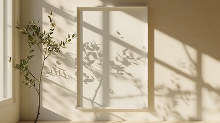 A mockup of an empty white A4 frame on the wall, in bright daylight, with olive branches casting shadows over it. creates a serene atmosphere for adding text or images to the blank space.