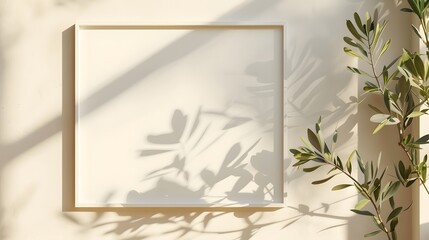 A mockup of an empty white A4 frame on the wall, in bright daylight, with olive branches casting shadows over it. creates a serene atmosphere for adding text or images to the blank space.
