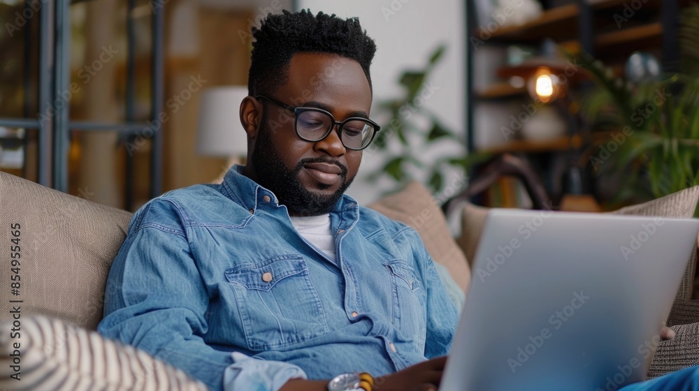 Poster young professional man sitting comfortably on sofa using laptop computer and smartphone simultaneous