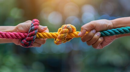 Three hands holding a colorful rope knot outdoors