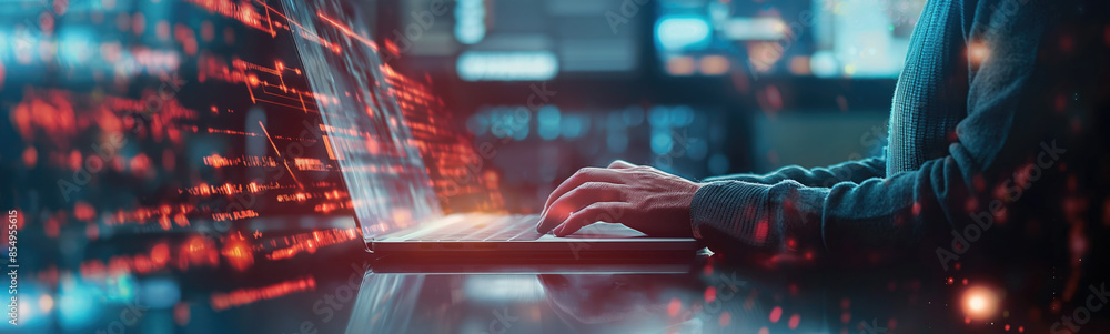 Aufkleber person writing code on laptop amidst digital data stream in cybersecurity environment.