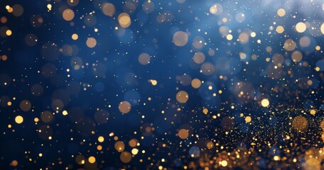 Falling confetti on blue background, abstract background with dark blue and gold particle. Golden light shine particles Bokeh on navy blue background, celebration concept