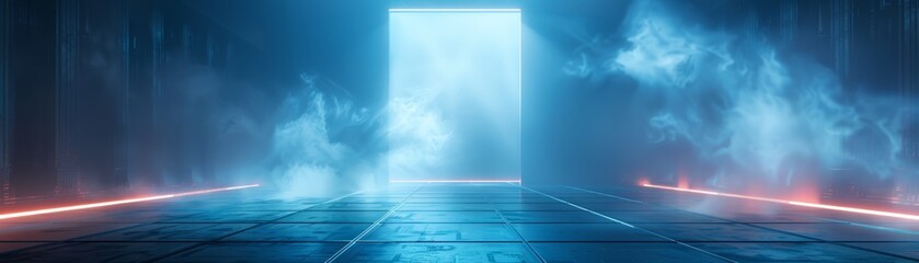Empty futuristic environment with blue fog and a metallic grid floor