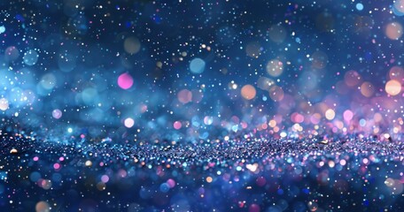 Falling confetti on blue background, abstract background with dark blue and gold particle. Golden light shine particles Bokeh on navy blue background, celebration concept