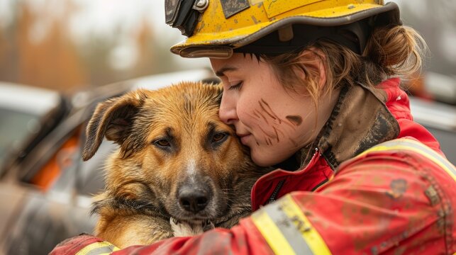 Emotional image of a rescue worker with a dog in their arms