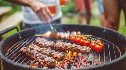 Friends gathered in a backyard enjoying a lively barbecue with grilled food drinks and the warm atmosphere of an outdoor gathering