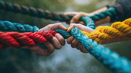 Diverse hands holding colorful ropes together in unity