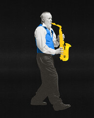 Contemporary art collage. Poster for art events. Jazzman dressed vibrant outfit with golden...