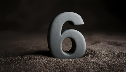 Number 6 made of gray stone isolated with shadow over dark sand.