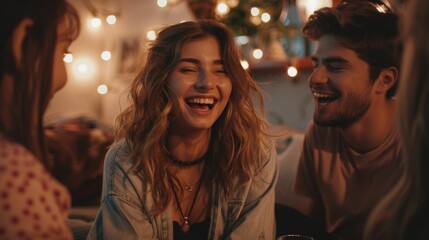 Happy group of friends laughing and conversing while sitting on a cozy sofa at a warm and festive house party enjoying an intimate social gathering and relaxing indoor