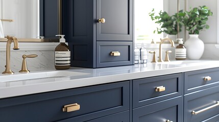 A navy blue bathroom vanity with brass hardware, set against white walls and light grey floors in an elegant contemporary style home interior design of a modern bedroom bathroom.