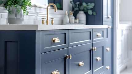 A navy blue bathroom vanity with brass hardware, set against white walls and light grey floors in an elegant contemporary style home interior design of a modern bedroom bathroom.
