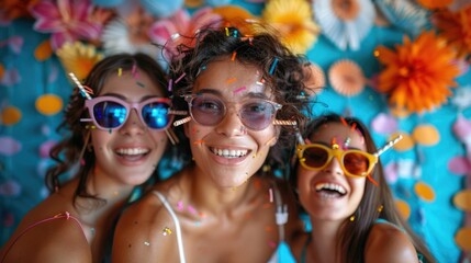 A group of friends laughing and posing together in a colorful party photobooth using fun props and accessories to create playful carefree memories during a celebratory event or gathering