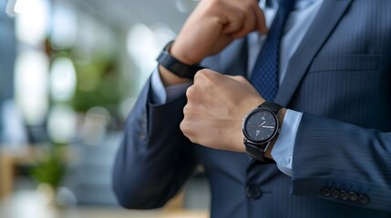 Businessman Checking Wristwatch in Sleek Office Setting with Blurred Background