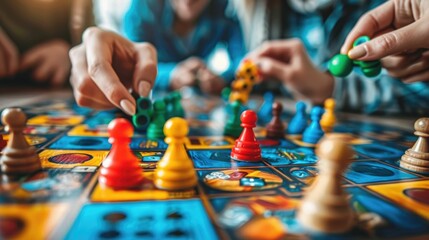 Engaged group of friends gathered around a table fully immersed in a strategic and colorful board game session having fun and bonding through collaborative play and friendly competition
