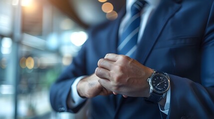 Businessman Checking Wristwatch in Sleek Office Setting