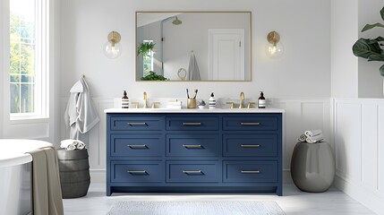 A navy blue bathroom vanity with brass hardware, set against white walls and light grey floors in an elegant contemporary style home interior design of a modern bedroom bathroom.