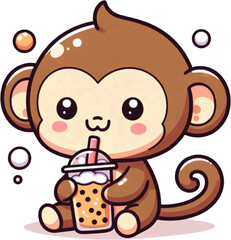 Cute kawaii monkey drinking bubble tea on straw