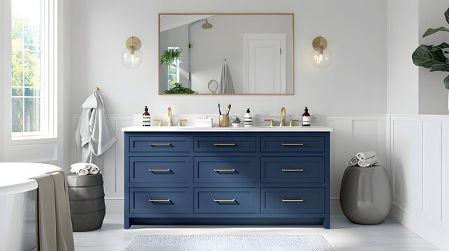 A navy blue bathroom vanity with brass hardware, set against white walls and light grey floors in an elegant contemporary style home interior design of a modern bedroom bathroom.