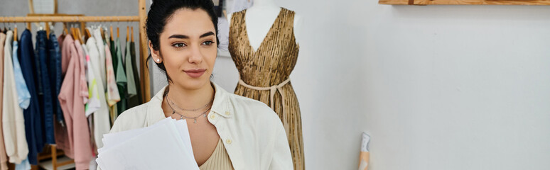 Woman in casual attire holding paper in front of rack, exploring eco-friendly fashion options.