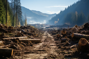 Deforestation in mountainous landscape with fallen trees and stumps