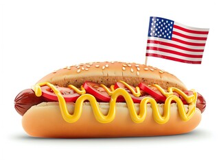 Delicious hot dog with mustard, tomato slices, and an American flag toothpick, perfect for patriotic celebrations and BBQs.