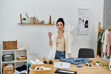 A young woman in casual attire upcycling clothes on a table.