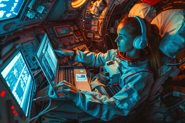 Female astronaut working on laptop in spacecraft