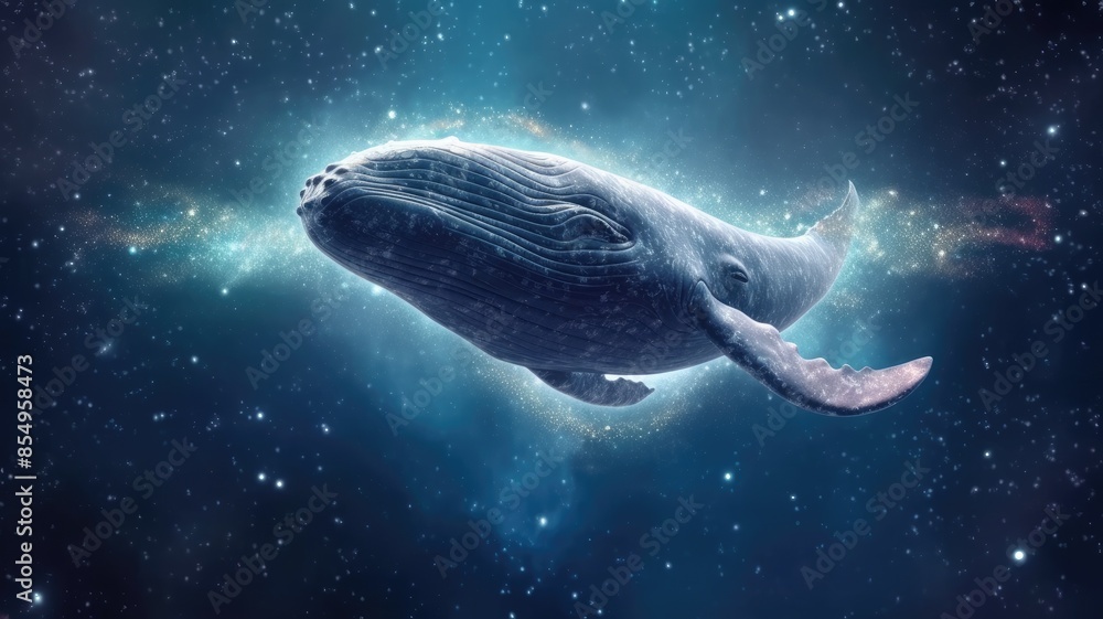 Aufkleber surreal art design of a whale floating in space with a cosmic background. aig35.