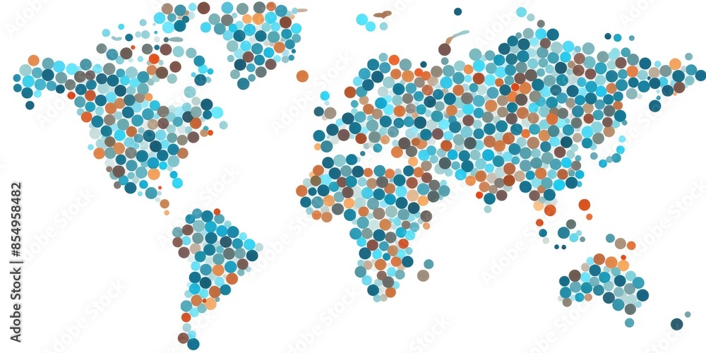 Poster abstract world map composed of colored circles on a light background. aig35.