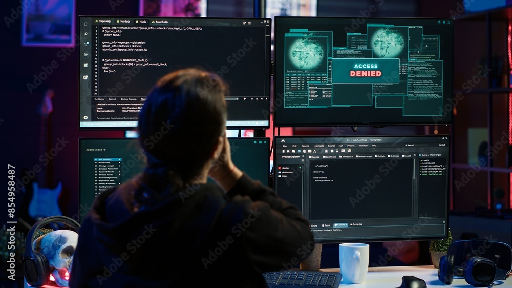 Poster hacker getting access denied error while doing computer sabotage using ransomware. cybercriminal fai