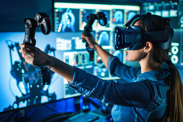Person using VR with robotic arm in lab